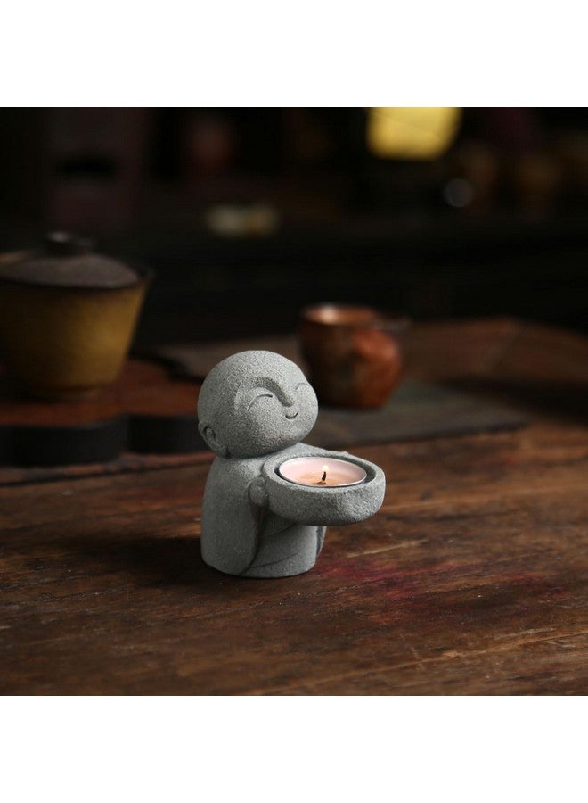 HYFAN Small Sandstone Buddha Statue Zen Monk Sculpture Candle Holder Figurine Imitation Bluestone Design Praying Ornament Home Office Feng Shui Decor for Bringing Good Luck Wealth (Jizo Monk) - Image 5