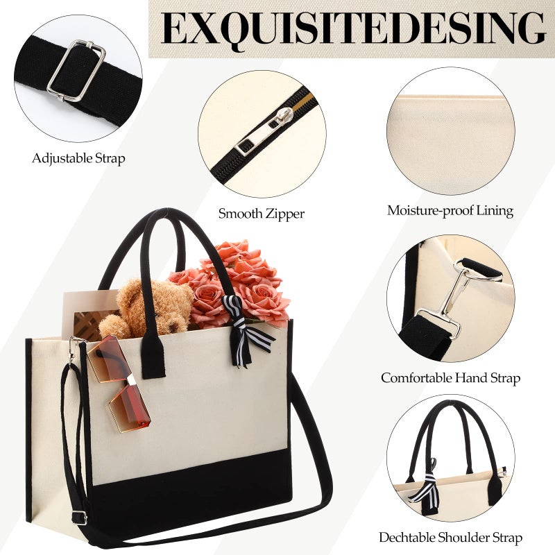 Aoriher 8 PCS Canvas Tote Bag with Shoulder Strap Zipper Opening Grocery Tote for Women Birthday Bridesmaid Gift Bag(Black) - Image 5