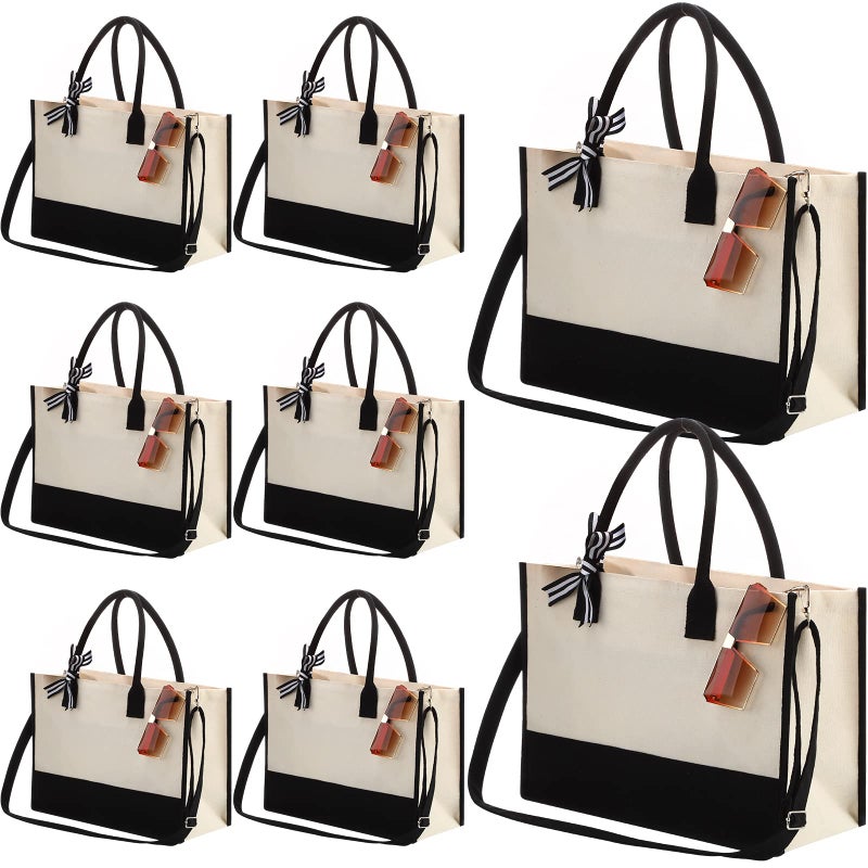 Aoriher 8 PCS Canvas Tote Bag with Shoulder Strap Zipper Opening Grocery Tote for Women Birthday Bridesmaid Gift Bag(Black) - Image 1
