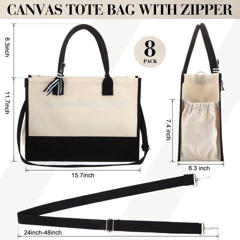 Aoriher 8 PCS Canvas Tote Bag with Shoulder Strap Zipper Opening Grocery Tote for Women Birthday Bridesmaid Gift Bag(Black) - Image 3