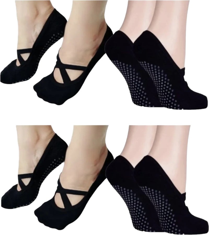 Mood Agenda Women's Anti-Slip Sole Cotton Fitness Dance Pilates and Yoga Socks 4 Pieces 