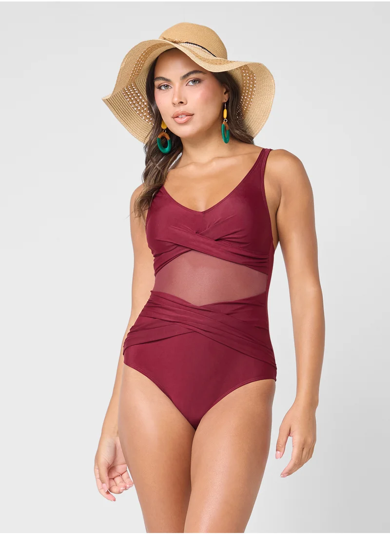 جينجر Plunge Neck Swimsuit With Mesh Cutout Detail