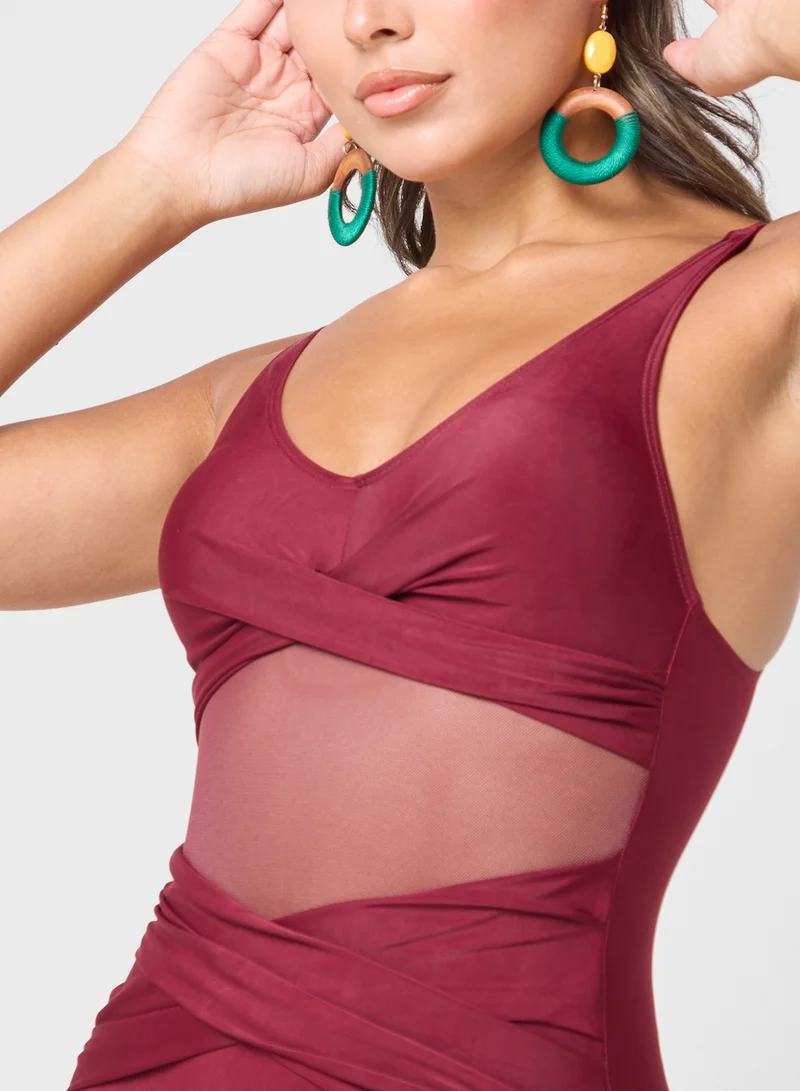 Ginger Plunge Neck Swimsuit With Mesh Cutout Detail
