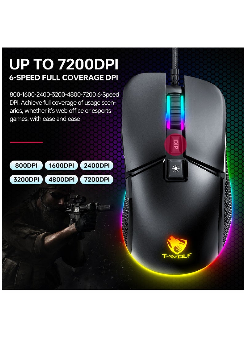 T-WOLF - Gaming Mouse 6400 DPI Optical Sensor 7 Programmable Buttons Mechanical Switches  Rubber Side Grips Classic Black - Image 1