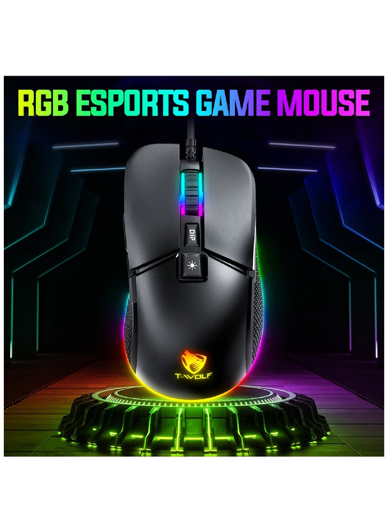 T-WOLF - Gaming Mouse 6400 DPI Optical Sensor 7 Programmable Buttons Mechanical Switches  Rubber Side Grips Classic Black - Image 1