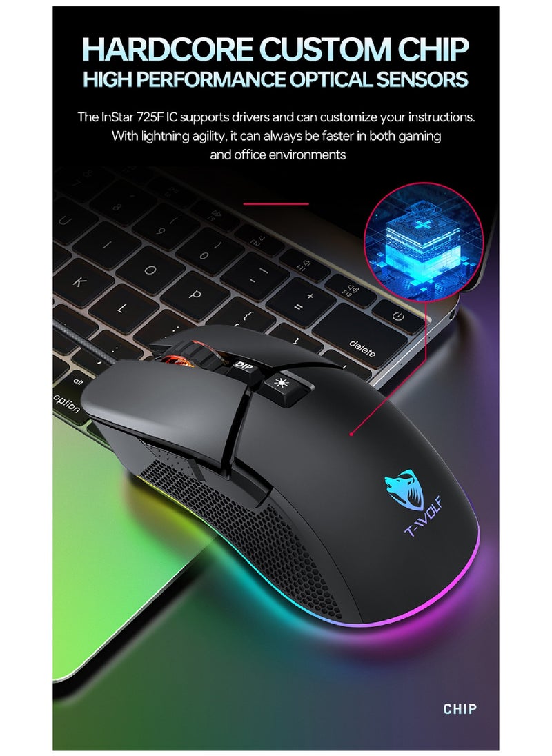 T-WOLF - Gaming Mouse 6400 DPI Optical Sensor 7 Programmable Buttons Mechanical Switches  Rubber Side Grips Classic Black - Image 1