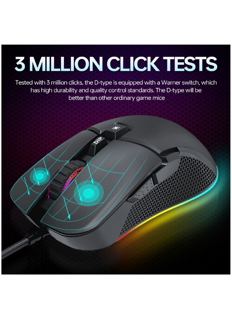 T-WOLF - Gaming Mouse 6400 DPI Optical Sensor 7 Programmable Buttons Mechanical Switches  Rubber Side Grips Classic Black - Image 1