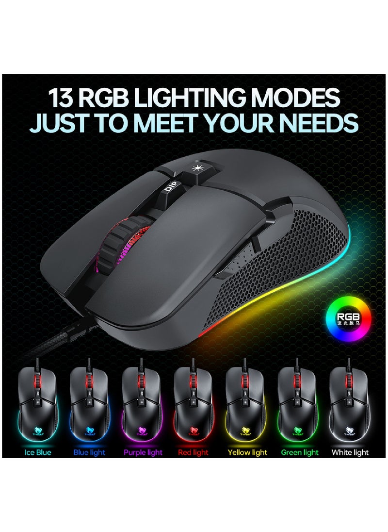 T-WOLF - Gaming Mouse 6400 DPI Optical Sensor 7 Programmable Buttons Mechanical Switches  Rubber Side Grips Classic Black - Image 1