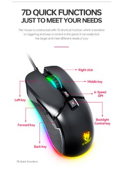 T-WOLF Gaming Mouse 6400 DPI Optical Sensor 7 Programmable Buttons Mechanical Switches  Rubber Side Grips Classic Black  - Image 3