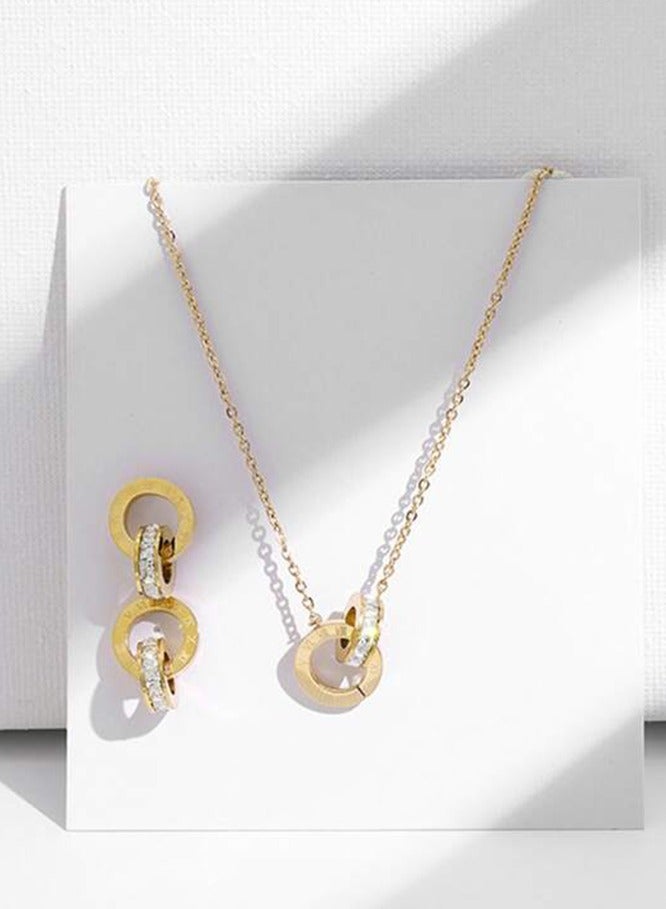 Waterproof Stainless Steel Zirconia Mosaic Jewelry Set 3 Pieces Necklace and Earrings Set - Gold - Image 1