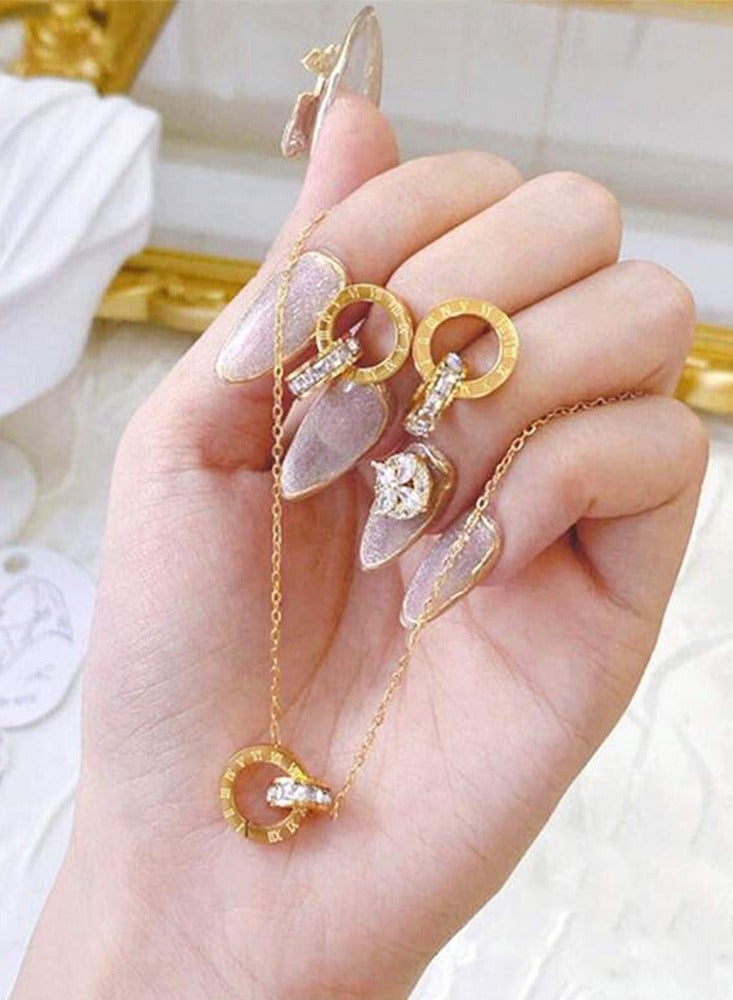 Waterproof Stainless Steel Zirconia Mosaic Jewelry Set 3 Pieces Necklace and Earrings Set - Gold - Image 2