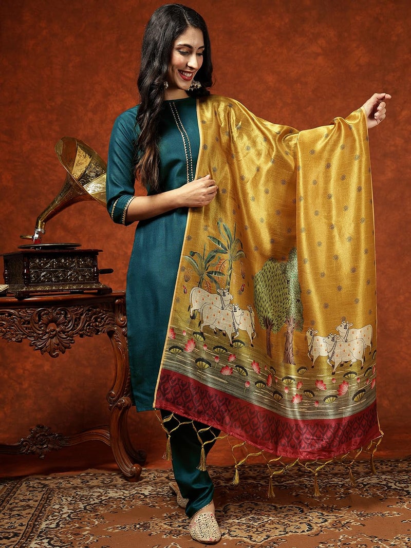 EthnicJunction Women's Cotton Blend Straight Kurta Pant with Dupatta (SKD74-Archi-Rama_L) - Image 2