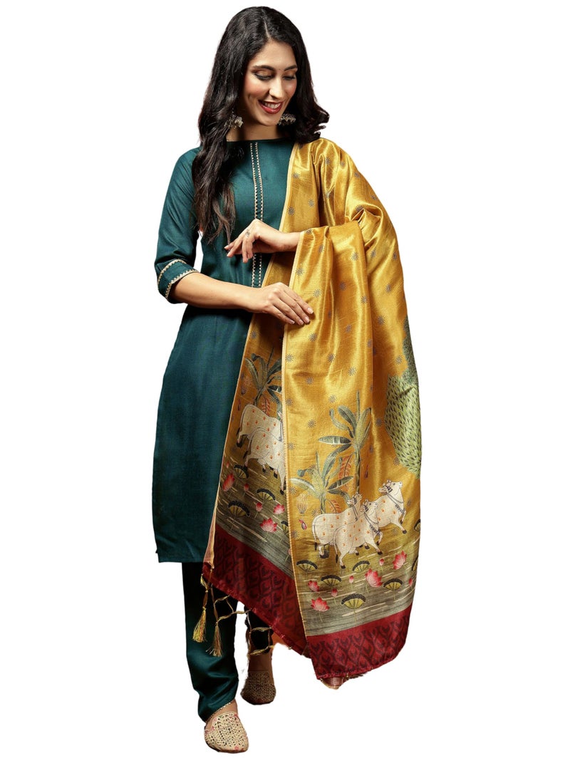 EthnicJunction Women's Cotton Blend Straight Kurta Pant with Dupatta (SKD74-Archi-Rama_L) - Image 1