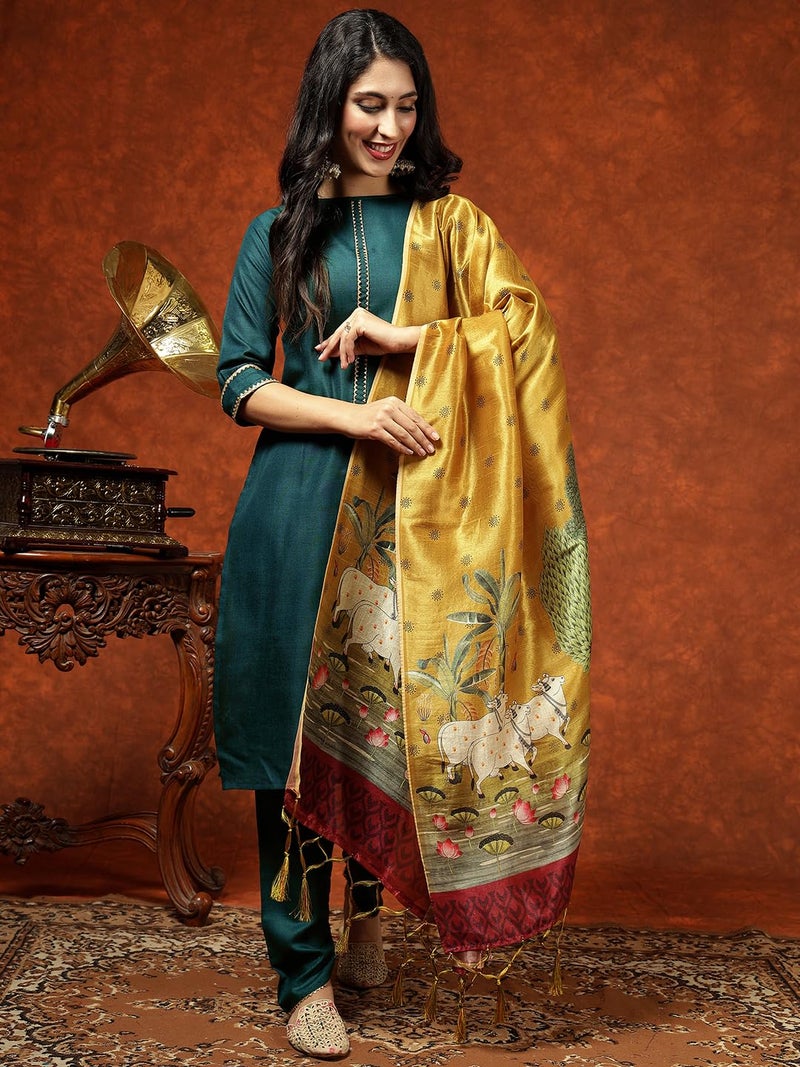 EthnicJunction Women's Cotton Blend Straight Kurta Pant with Dupatta (SKD74-Archi-Rama_L) - Image 4