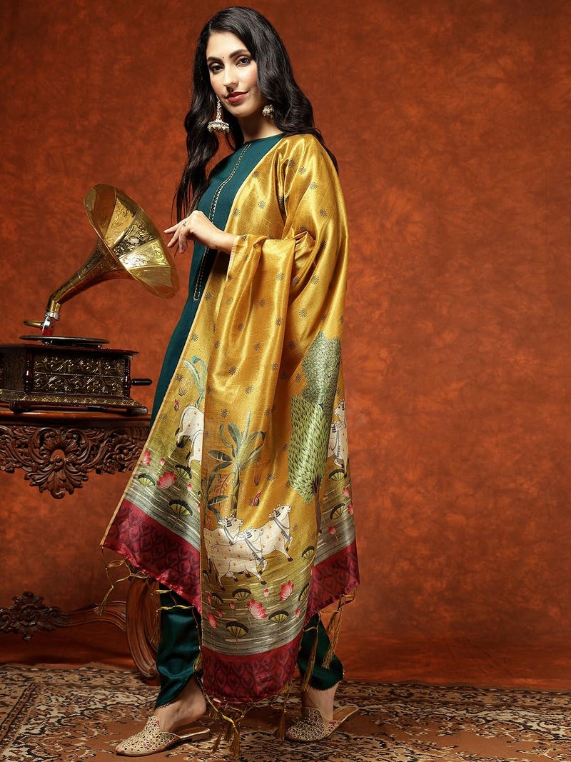EthnicJunction Women's Cotton Blend Straight Kurta Pant with Dupatta (SKD74-Archi-Rama_L) - Image 3