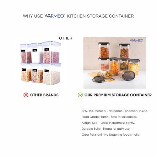 WARMEO FRESH LOCK Airtight Kitchen Storage Container SET of 8 pcs (1200ml each) BPA Free Air tight Storage Organizer for Dry Food,Pulses,Spice,Kitchen Accessories Items & Storage-Transparent - Image 3