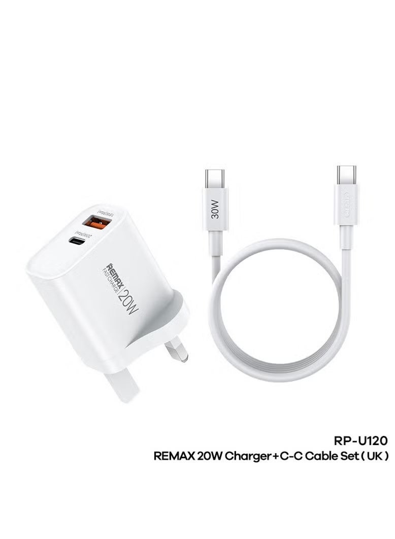 REMAX iPhone 20W Fast Charger Package USB C Wall Fast Charger with 1M Type C to Type C Charging Cable Compatible with iPhone 16/15/Pro Max/Pro/Plus and All Type C Phones White - Image 1