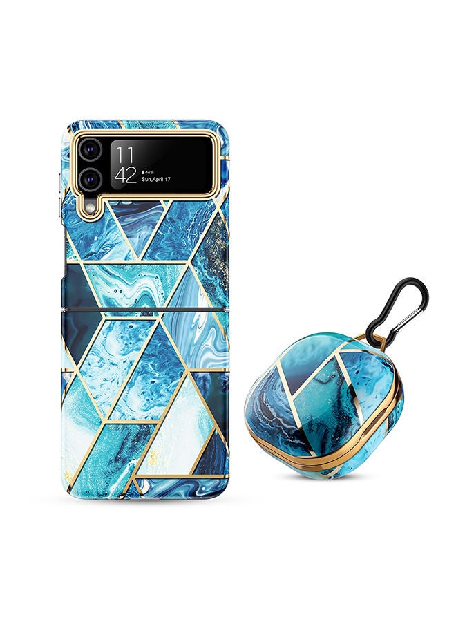 O Ozone Case for Samsung Galaxy Z Flip 4 + Galaxy Buds Case, Full-Body Smooth Gloss Finish Marble Shockproof Bumper Stylish Cover for Women Girls  (Blue) - Image 1