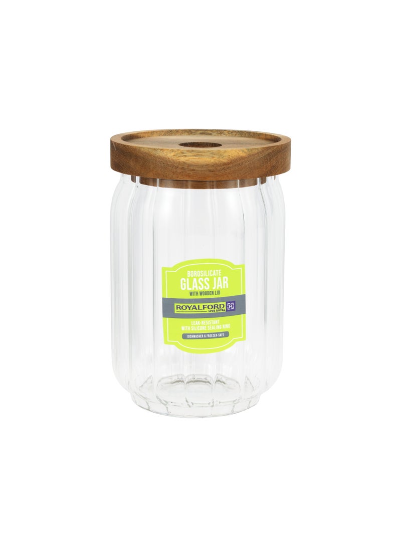 Royalford 560ml Round Borosilicate Glass Jar with Airtight Wooden Lid-RF12772/ Container with Silicone Sealing Ring, Dishwasher Safe Clear - Image 2