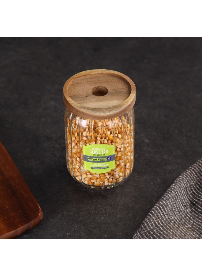 Royalford 560ml Round Borosilicate Glass Jar with Airtight Wooden Lid-RF12772/ Container with Silicone Sealing Ring, Dishwasher Safe Clear - Image 3