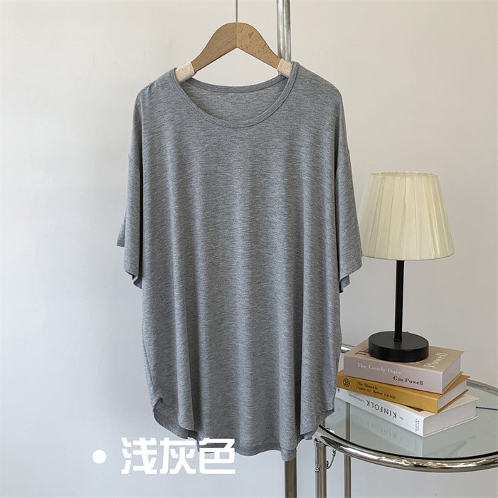 Generic Modal blue green round neck loose light board short sleeve t-shirt women loose plus size solid color lazy style dance clothes T-shirt Light gray