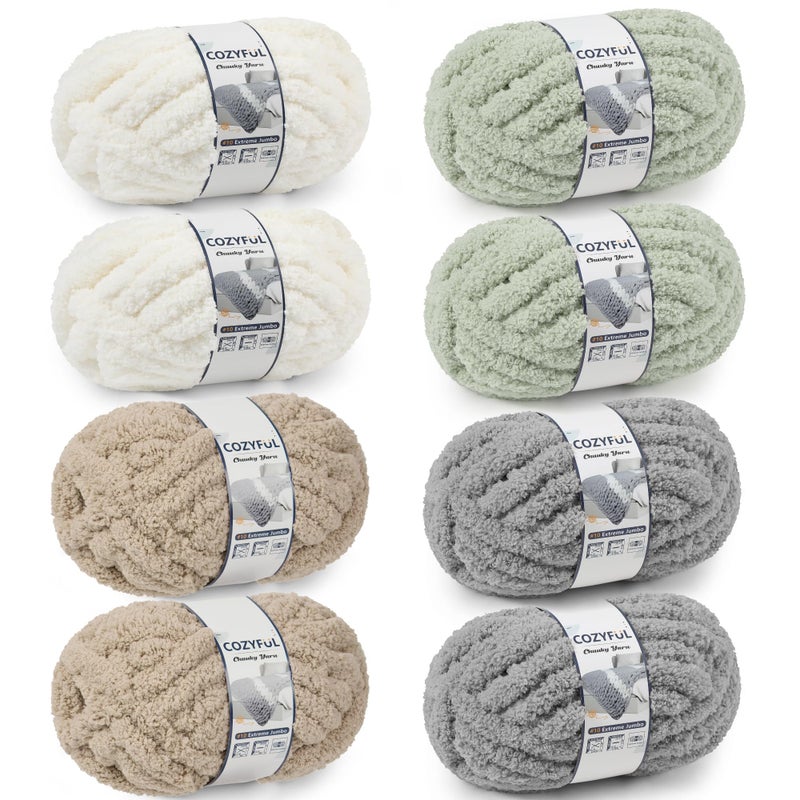 Cozyful Chunky Yarn for Hand Knitting - #10 Chunky Chenille Yarn, Jumbo Big Thick Chunky Yarns for Crocheting, Super Bulky Chunky Knit Blanket Yarns, 8 Skein (25yd, 8oz/Skein), Cream&Sage&Khaki&Grey - Image 1