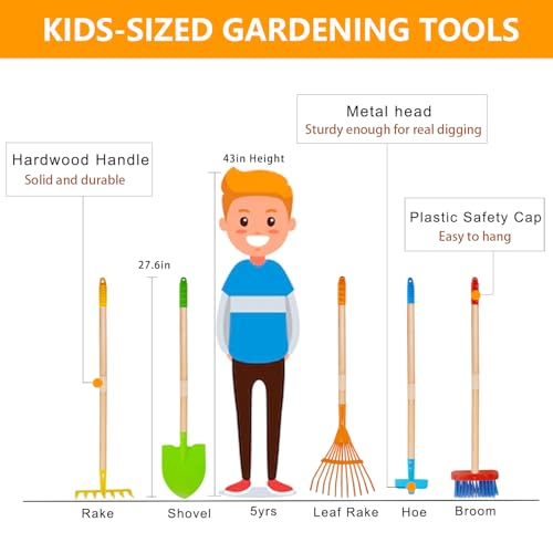 POMIKU Kids Shovel Rake for Leaves Spade Hoe and Broom 5Pcs Kids Garden Tools Gardening Yard Outdoor Toy Gifts for Boys Girls Age 3 4 5 6 7 8 Years Old - Image 5