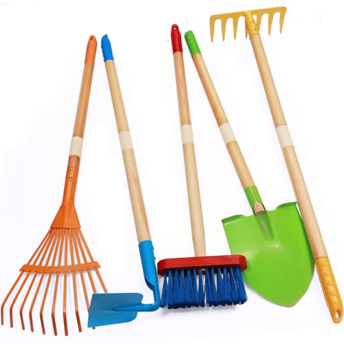 POMIKU Kids Shovel Rake for Leaves Spade Hoe and Broom 5Pcs Kids Garden Tools Gardening Yard Outdoor Toy Gifts for Boys Girls Age 3 4 5 6 7 8 Years Old - Image 1