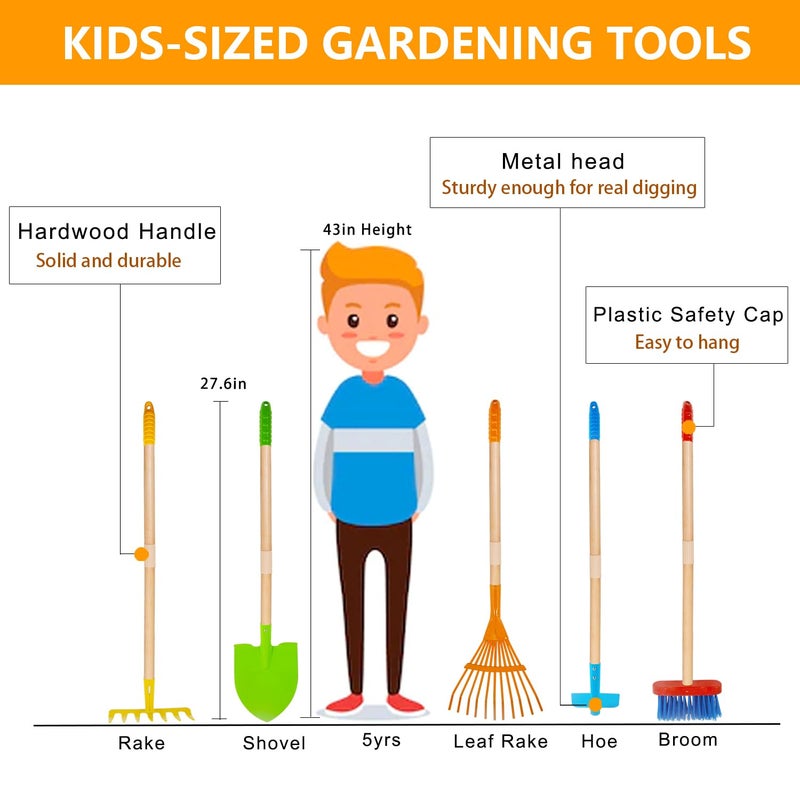 POMIKU Kids Shovel Rake for Leaves Spade Hoe and Broom 5Pcs Kids Garden Tools Gardening Yard Outdoor Toy Gifts for Boys Girls Age 3 4 5 6 7 8 Years Old - Image 3