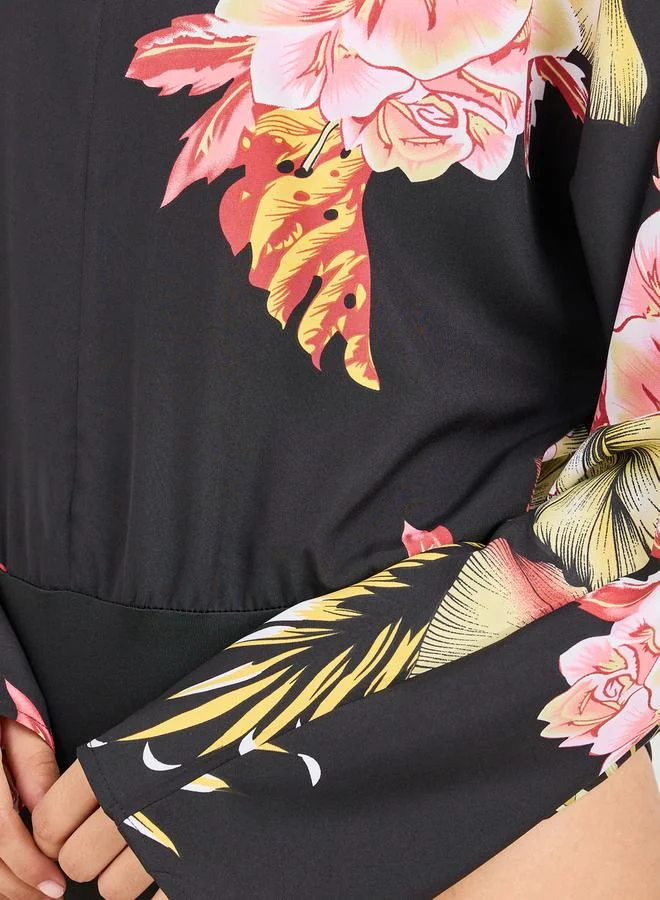 Styli Floral Print V Neck Long Sleeves Bodysuit