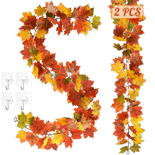 Helimoto 2 Pack Fall Decor, 11.8FT Fall Garland for Mantle, Fall Decorations for Home, Fall Leaves Garland, Thanksgiving Garlands, Artificial Leaves Autumn Garlands for Wedding Party Yellow-Green Leaves - Image 1
