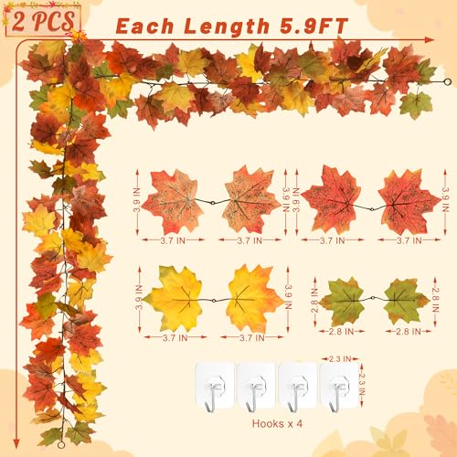 Helimoto 2 Pack Fall Decor, 11.8FT Fall Garland for Mantle, Fall Decorations for Home, Fall Leaves Garland, Thanksgiving Garlands, Artificial Leaves Autumn Garlands for Wedding Party Yellow-Green Leaves - Image 2