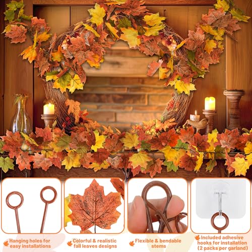 Helimoto 2 Pack Fall Decor, 11.8FT Fall Garland for Mantle, Fall Decorations for Home, Fall Leaves Garland, Thanksgiving Garlands, Artificial Leaves Autumn Garlands for Wedding Party Yellow-Green Leaves - Image 3