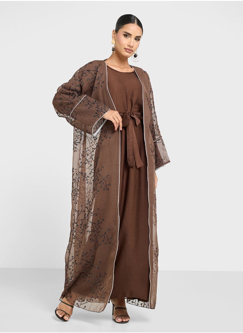 Khizana - Sheer Embroidered Abaya With Inner & Sheila - Image 1