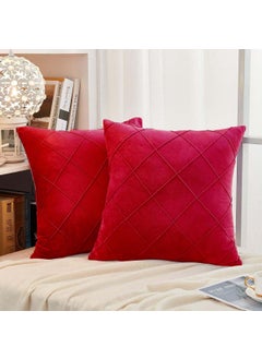AMICA AMICA Luxurious Diamond Pinch Pleated Crystal Velvet Pillowcases Solid Pintuck Throw Cushion Cover for Home Decor Hidden Zipper Closure (Red, 18'' X 18'' Inch)  - Image 1