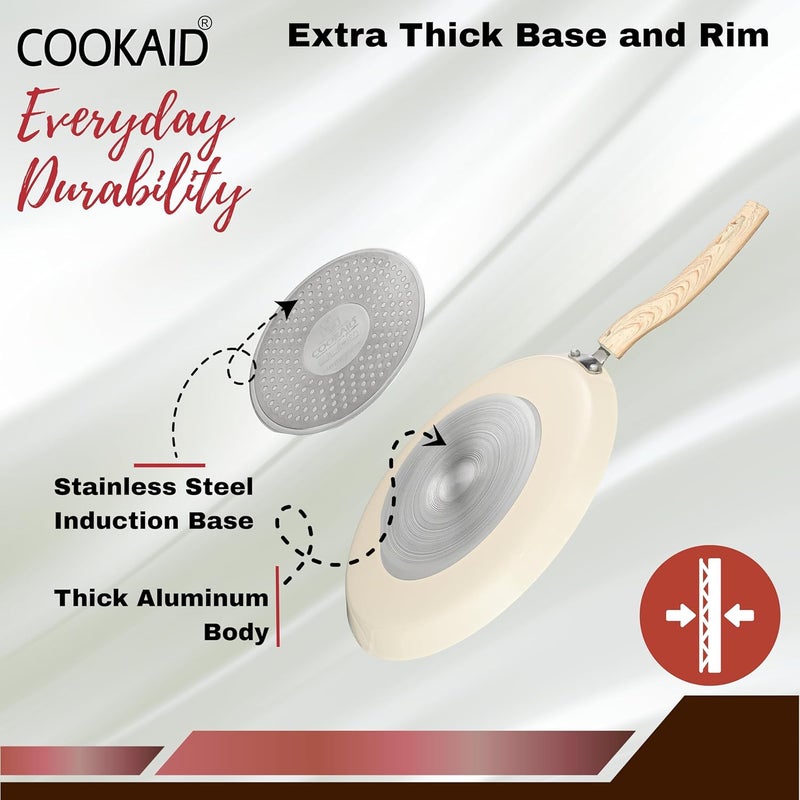 COOKAID Neo Glide Series Non Stick PTFE Dosa Tawa 2 Pcs Cookware Set (25 cm + 28 Cm) with 2 Pc Nylon Tool| Aluminium Body| Non Stick PTFE| Gas & Induction Compatible| ISI Certified| Cream - Image 3