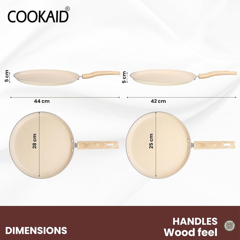 COOKAID Neo Glide Series Non Stick PTFE Dosa Tawa 2 Pcs Cookware Set (25 cm + 28 Cm) with 2 Pc Nylon Tool| Aluminium Body| Non Stick PTFE| Gas & Induction Compatible| ISI Certified| Cream - Image 2