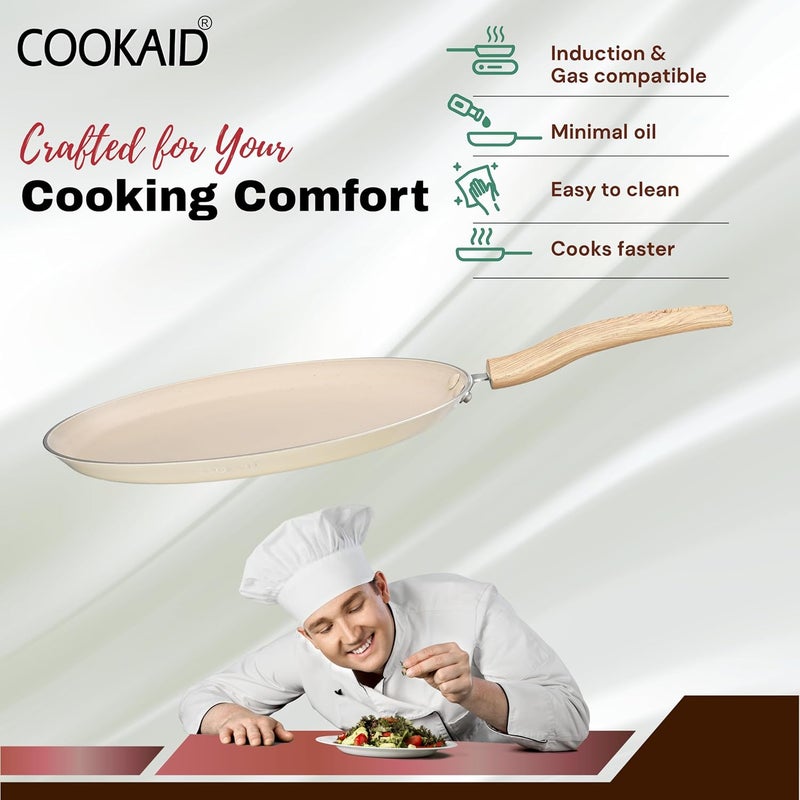 COOKAID Neo Glide Series Non Stick PTFE Dosa Tawa 2 Pcs Cookware Set (25 cm + 28 Cm) with 2 Pc Nylon Tool| Aluminium Body| Non Stick PTFE| Gas & Induction Compatible| ISI Certified| Cream - Image 4