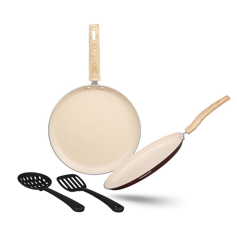 COOKAID Neo Glide Series Non Stick PTFE Dosa Tawa 2 Pcs Cookware Set (25 cm + 28 Cm) with 2 Pc Nylon Tool| Aluminium Body| Non Stick PTFE| Gas & Induction Compatible| ISI Certified| Cream - Image 1