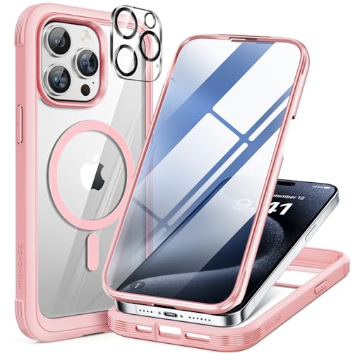 Miracase Magnetic for iPhone 15 Pro Case [Compatible with MagSafe] Full-Body Phone case with Built-in Glass Screen Protector& Camera Protector, Military Drop Proof 15 Pro Cover, Magnetic Pink - Image 1