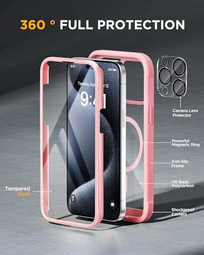 Miracase Magnetic for iPhone 15 Pro Case [Compatible with MagSafe] Full-Body Phone case with Built-in Glass Screen Protector& Camera Protector, Military Drop Proof 15 Pro Cover, Magnetic Pink - Image 2