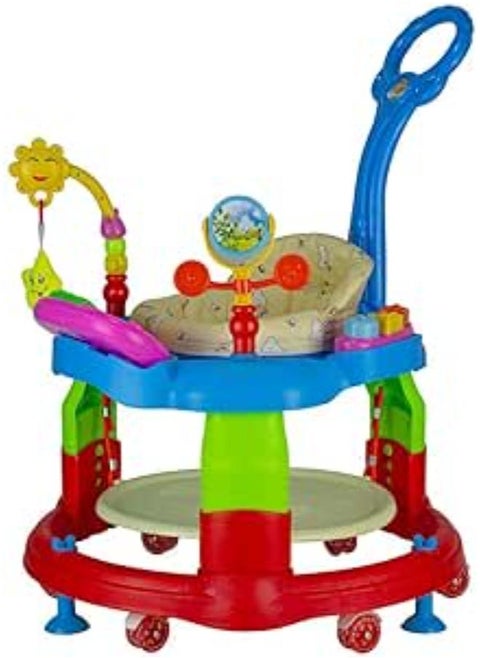 A baby walker equipped with a circular seat that swivels in all directions