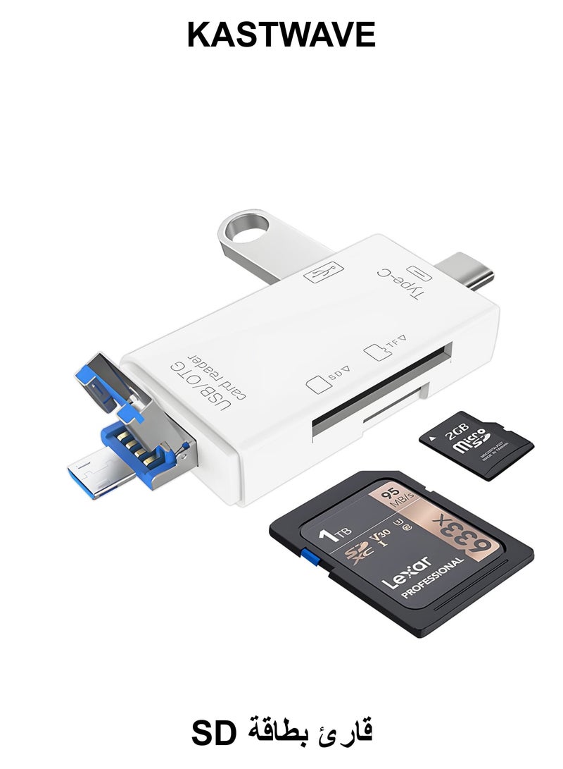KASTWAVE SD Card Reader, 6-in-1 USB C/Micro/USB Memory Reader Camera Viewer, USB 3.0 SD Card Reader Adapter Used for SD-3C SD Micro SD TF SDXC SDHC MMC RS-MMC Micro SDXC Micro SDHC UHS-I (White) - Image 1