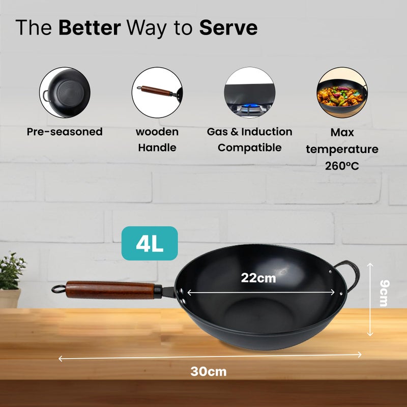 The Better Home ووك صيني من سلسلة Pulse من Better Home من الفولاذ الكربوني مع مقبض | ووك عميق للقلي من الفولاذ الكربوني | مقلاة | أدوات الطهي الغازية والحثية | كاداي للطهي بالحث | كراهي للمطبخ (4 لتر) - Image 4