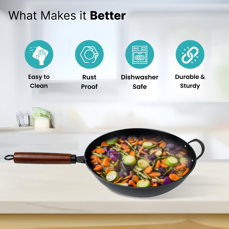 The Better Home ووك صيني من سلسلة Pulse من Better Home من الفولاذ الكربوني مع مقبض | ووك عميق للقلي من الفولاذ الكربوني | مقلاة | أدوات الطهي الغازية والحثية | كاداي للطهي بالحث | كراهي للمطبخ (4 لتر) - Image 3