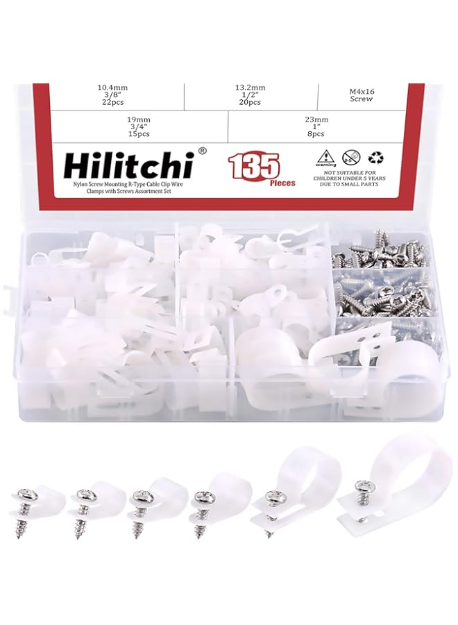 Hilitchi 135 Pcs 6 Sizes White Plastic Cable Clamp R Type Screw Mounting Cord Fastener Cable Clips Assortment Kit with Screws for Wire Management Cable Conduit (Clips from 6mm to 23mm) - Image 1