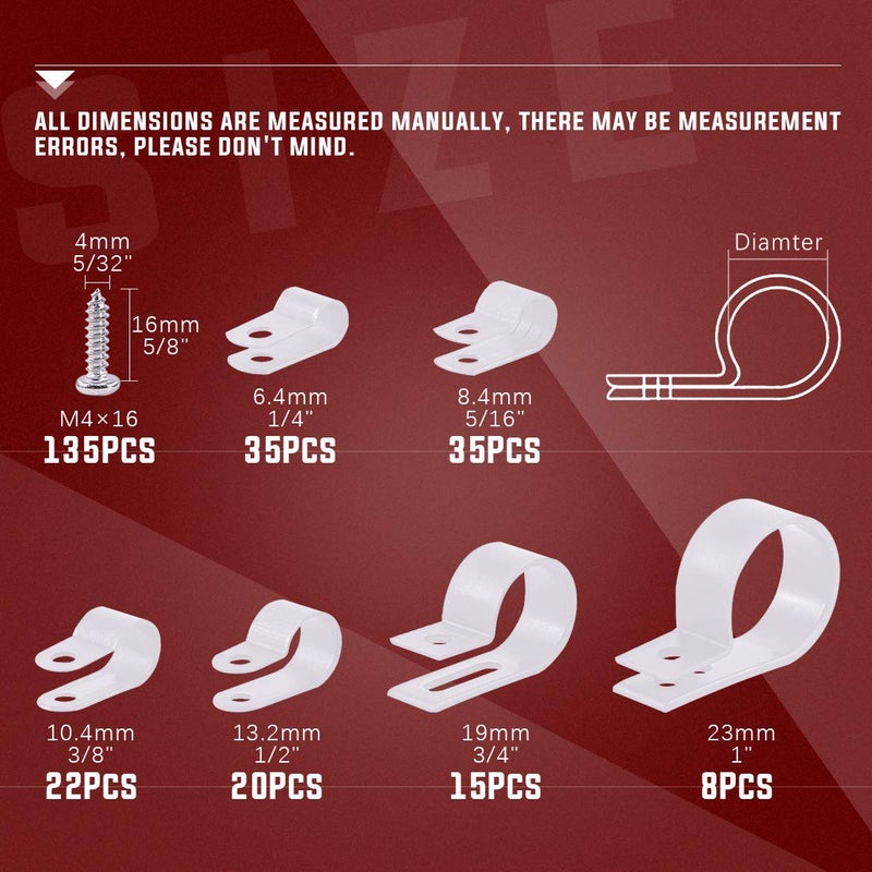 Hilitchi 135 Pcs 6 Sizes White Plastic Cable Clamp R Type Screw Mounting Cord Fastener Cable Clips Assortment Kit with Screws for Wire Management Cable Conduit (Clips from 6mm to 23mm) - Image 2