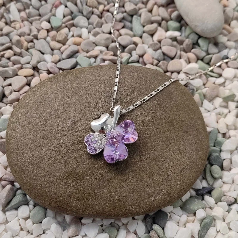 Chavin Crystal Stone Rhodium Plate. Clover Women's Necklace db14li
