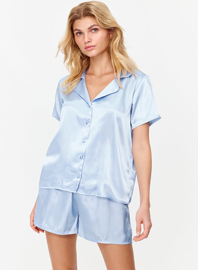 trendyol Blue Satin Shorts Woven Pajama Set  - Image 2