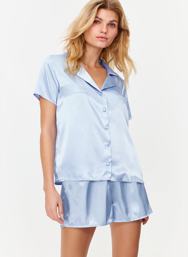 trendyol Blue Satin Shorts Woven Pajama Set  - Image 3